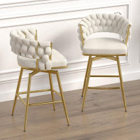 Everly Quinn Toweling Woven Bar Stool Set of 2 with Swivel, Upholstered Counter Height Chairs,Backrest,Footrest