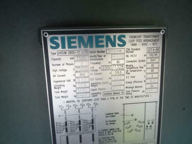Siemens 1500 KVA, ONAN, HV 25KV, LV 2300/1328V, Three Phase Pad MountTransformer in Other Business & Industrial - Image 3