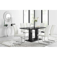 East Urban Home Eubanks Gloss Double Pillar Rectagular Dining Table Set with 6 Luxury Faux Leather Dining Chairs