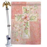 Breeze Decor Pink Flower Cross - Impressions Decorative Aluminum Pole & Bracket House Flag Set HS103044-BO-02