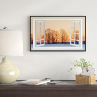 East Urban Home 'Open Window to Snowy Sunset' Framed Graphic Art Print on Wrapped Canvas