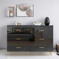 Mercer41 High Glossy Dresser With 6 Drawers, Golden Handle And Golden Steel Legs