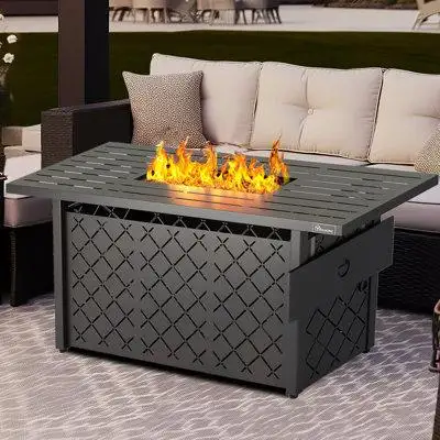 Wade Logan Astasia 24.8" H x 56.7" W Iron Propane Outdoor Fire Pit Table with Lid