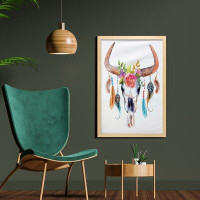 East Urban Home Ambesonne Feather Wall Art With Frame, Watercolor Style Bull Skull Ornaments Vibrant Image, Printed Fabr