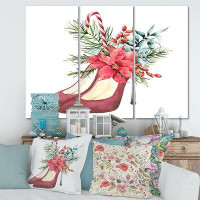 East Urban Home Red Suede Heeled Shoes With Christmas Floral Decor - Wrapped Canvas Print