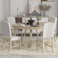 One Allium Way 5-Piece Solid Wood Retro Functional Dining Set,Round Table With A 16"W Leaf And 4 Upholstered Chairs