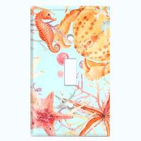 WorldAcc Metal Light Switch Plate Outlet Cover (Sea Horse Crab Star Fish Coral Light Blue  - Single Toggle)