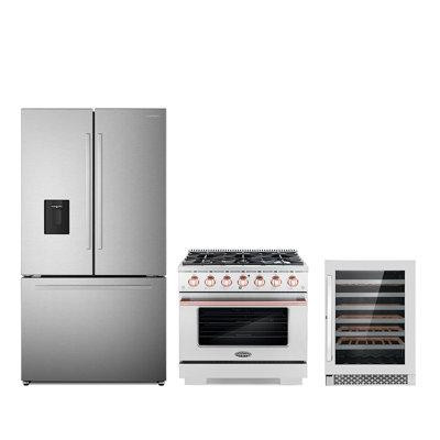 Cosmo Cosmo 3 Piece Kitchen Appliance Package with French Door Refrigerator , 36'' Gas Freestanding Range , and Wine Ref in Refrigerators