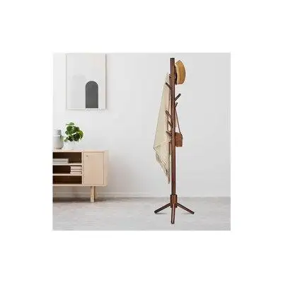 Latitude Run® Wooden Coat Rack Stand, Free Standing Coat Rack with 8 Hooks 3 Adjustable Heights for Clothes