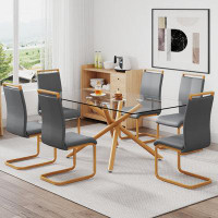 Ivy Bronx Luxury 7-piece Dining Set: 0.39'' Tempered Glass Table, Wooden Metal Legs & 6 Pu Leather Chairs