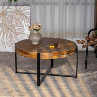 Gracie Oaks 33.46"Retro Drawing Technology Splicing Round Coffee Table,Fir Wood Table Top With Black Cross Legs Base