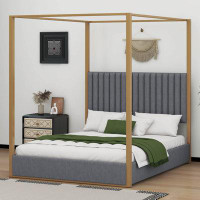 Mercer41 Saadia Queen Size Upholstery Canopy Platform Bed with Headboard and Metal Frame