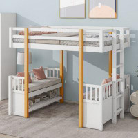 Harriet Bee Wood Twin Size Loft Bed With 2 Seats And A Ladder, White