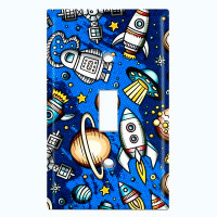WorldAcc Metal Light Switch Plate Outlet Cover (Rocket Ship Space Planet Astronaut Blue  - Single Toggle)