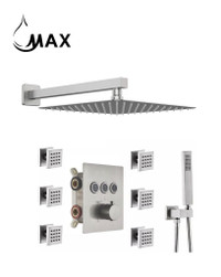 Thermostatic Shower System Three Function Handheld With 6 Body Jets and Valve Brushed Nickel Finish