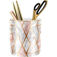 Mercer41 Pen Holder For Desk, Pencil Cup For Desk, Durable Ceramic Desk Organizer, Makeup Brush Holder, Rose Gold Marble