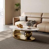Everly Quinn Kyriee Oval Marble Stainless Steel Base Gold Modern Coffee Table