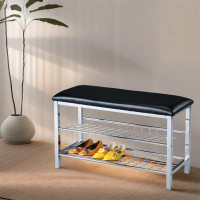 Ivy Bronx Metal Shoe Bench with Black Faux Leather Seat