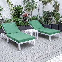 LeisureMod Leisuremod Chelsea Modern Outdoor White Chaise Lounge Chair Set Of 2 With Side Table & Cushions