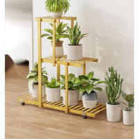 Arlmont & Co. Bamboo Plant Stand Indoor, 3 Tier Plant Shelf With Wheels For Multiple Plants, Small Flower Stand For Wind