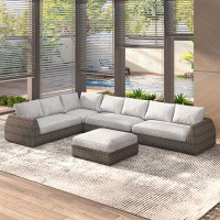 Hokku Designs 7-seat Outdoor Patio Deep Seating Lounge Set With Sofa, L-shape Backyard Patio Furniture Set, Brown Rattan
