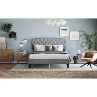 Red Barrel Studio Light Grey Queen Size Adjustable Headboard With Linen Upholstery And Button Tufting, Wave Top Design
