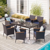 Lark Manor 7 Pcs Outdoor Dining Set For 6, L Rectangular Dining Table & Cushioned Rattan Chairs, Dining Furniture Set Fo