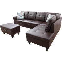 Ebern Designs Ebern Designs 97" Vegan Leather Sectional Sofa Set With Storage Ottoman, Right Facing, Brown