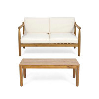 Winston Porter Pocatello Outdoor Acacia Wood Loveseat And Coffee Table With Cushions