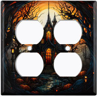 WorldAcc Metal Light Switch Plate Outlet Cover (Halloween Spooky Manor House - Double Duplex)