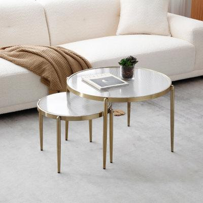 Everly Quinn Stylish and Modern Addlie Nesting Fluted Glass Finished Metal Frame Round Coffee Table in Coffee Tables