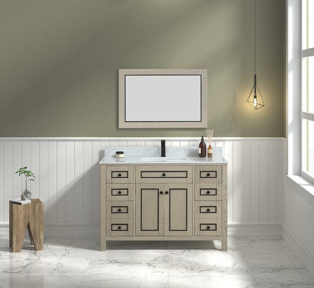 36, 48, 60 & 72 Light Oak with Black Accents Bathroom Vanity w Carrara White Marble ( Dovetail Drawer ) LFC in Cabinets & Countertops - Image 4