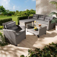 Red Barrel Studio Darian Modern And Contemporary Grey Fabric Upholstered And Grey Synthetic Rattan 4-Piece Patio Set