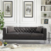 Ivy Bronx Modern Velvet Sofa Jeweled Buttons Tufted Square Arm Couch, 2 Pillows Included
