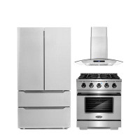Cosmo 3 Piece Kitchen Package With 30" Freestanding Gas Range With Custom Handle And Knob Kit 30" Wall Mount Range Hood