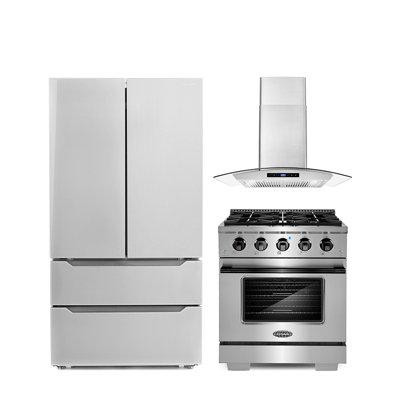Cosmo 3 Piece Kitchen Package With 30" Freestanding Gas Range With Custom Handle And Knob Kit 30" Wall Mount Range Hood  in Refrigerators