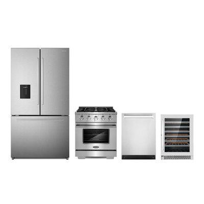 Cosmo 4 Piece Kitchen Package With 30" Freestanding Gas Range 24" Built-in Fully Integrated Dishwasher French Door Refri in Refrigerators