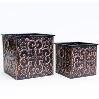 Canora Grey Set Of 2 Antique Copper Colour Finish Patterned Square Metal Planters