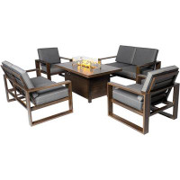 Hokku Designs 5 Piece Patio Dining Set 55.12’’ Fire Pit Table with 2 Armchair + 2 Loveseat