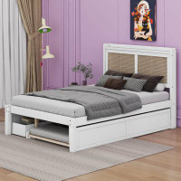 Red Barrel Studio Full Size Elegant Bed Frame With Rattan Headboard And Sockets