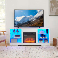 Ebern Designs Electric Fireplace TV Stand with Glass Shelves
