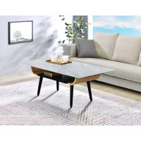 George Oliver Izaeh Coffee Table With Glass Gray Marble Texture Top And Bent Wood Design