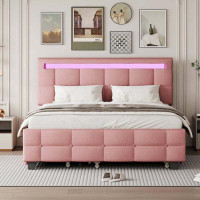Ivy Bronx Queen Size Linen Fabric Upholstered Platform Bed with LED Headboard, Trundle and drawers