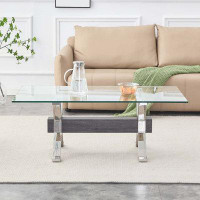Ivy Bronx Tea Table.Dining Table.Contemporary Tempered Glass Coffee Table With Plating Metal Legs And MDF Crossbar, For