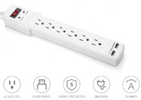 6-Outlet Surge Protector Power Strip with 2 USB Ports, 2m (6.56ft) - 900J - White