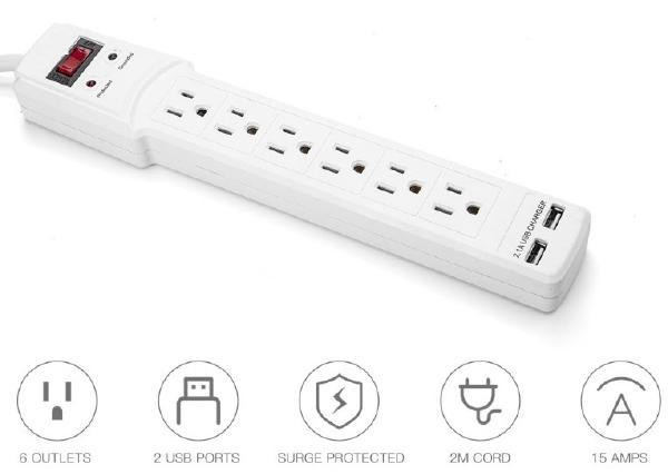 6-Outlet Surge Protector Power Strip with 2 USB Ports, 2m (6.56ft) - 900J - White in General Electronics