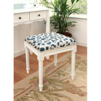 Canora Grey Navy Blue Cheetah Print Linen Upholstered Vanity Stool With Distressed Grey Finish And Welting