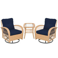 Bayou Breeze 3-Piece Outdoor Rocking Chair Beige Wicker Swivel Rocking Chair Set with a square glass coffee table