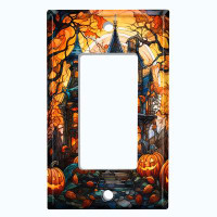 WorldAcc Metal Light Switch Plate Outlet Cover (Halloween Spooky Pumpkin Manor House - Single Rocker)