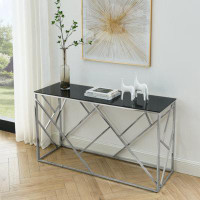Mercer41 Modern Glass Console Table, 55" Gold Sofa Table With Sturdy Metal Frame And Black Tempered Glass Top, For Livin